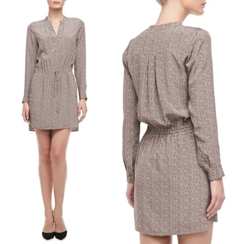 Vince Silk Geometric Print Drop Waist Drawstring Long Sleeve Shirt Dress Brown 6